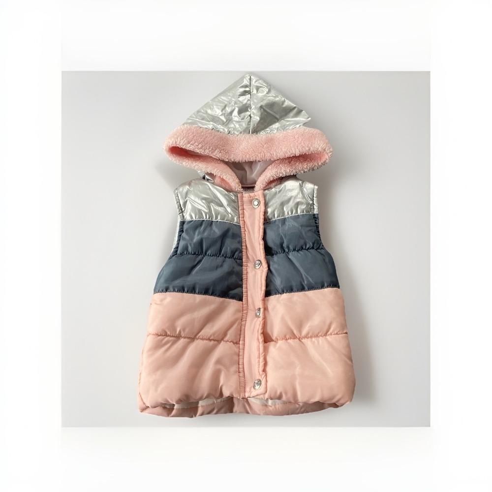 Little Lass Girls Hooded‎ Puffer Vest 24 Months Pink Gray Zip